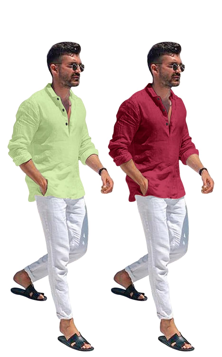 Bellstone Men's Cotton Blend Kurta - Light Green & Burgundy - Image 3