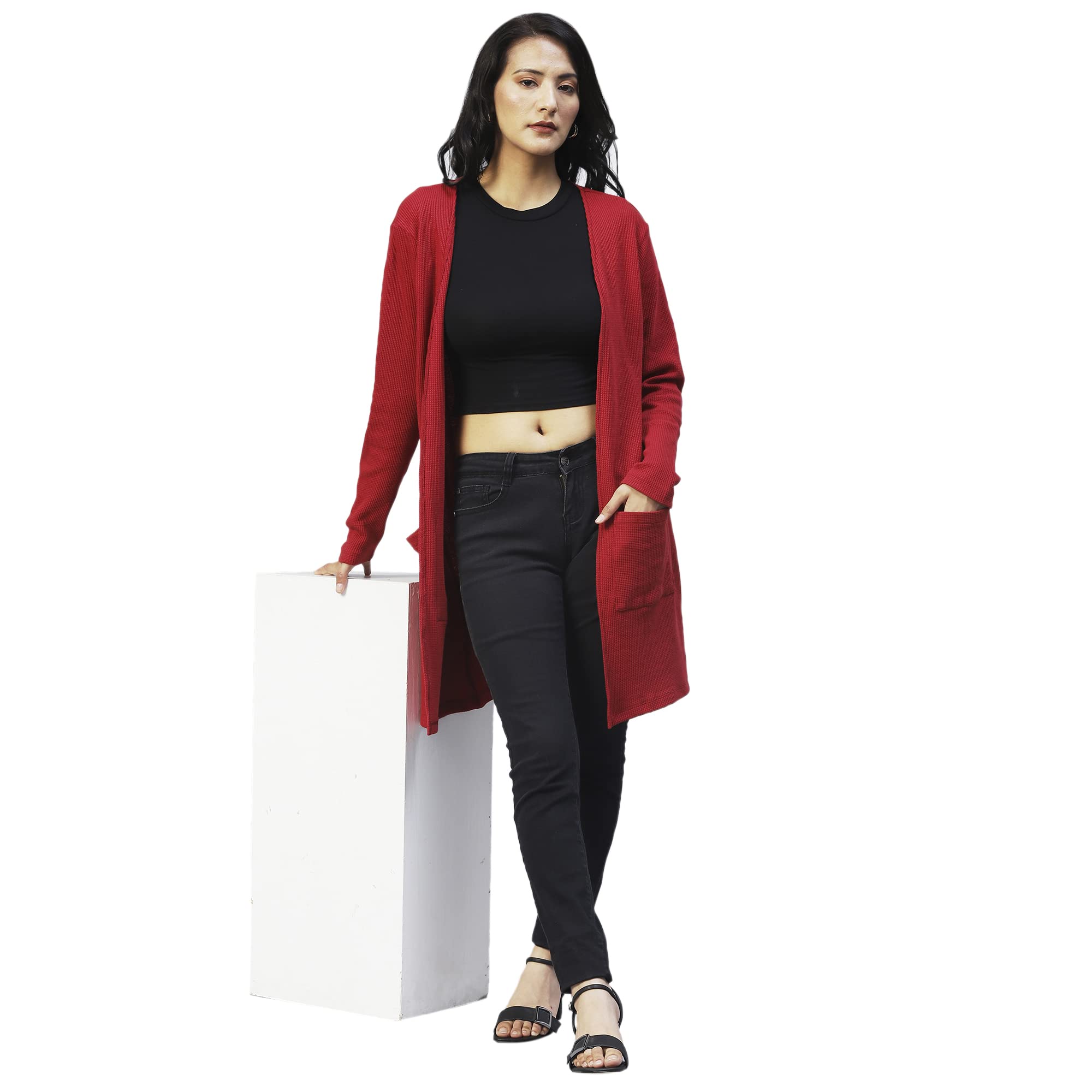 Rigo Front Open Long Rib Shrug - Maroon