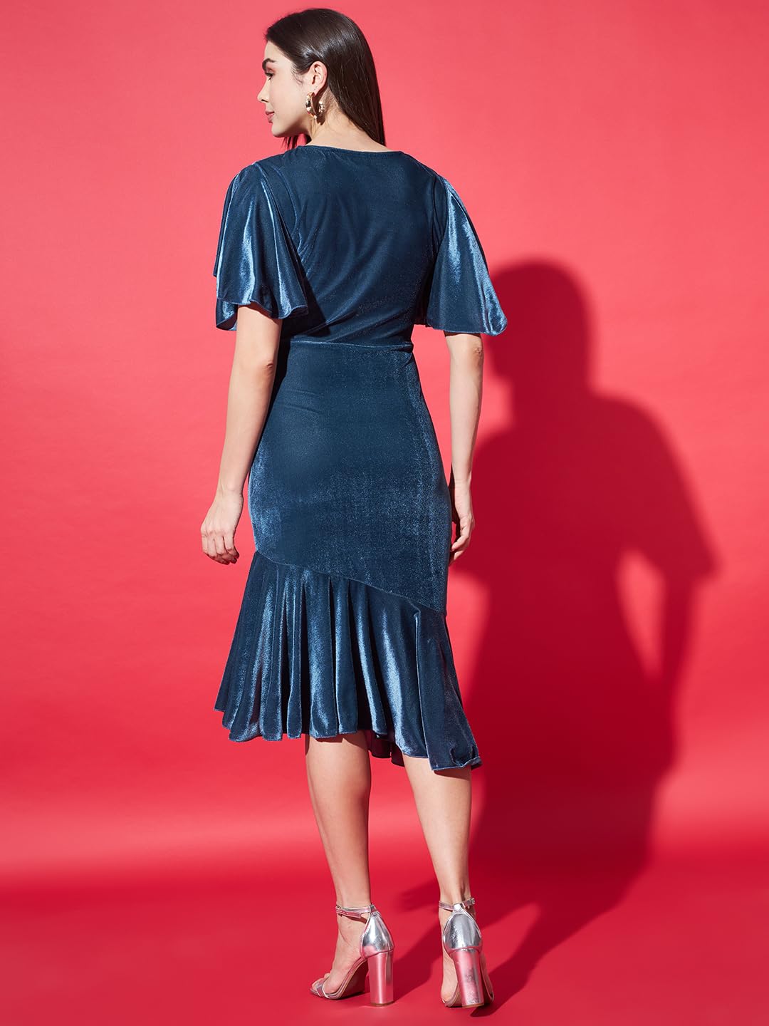 Vaararo Dark Teal Velvet Bodycon Midi Dress for Women - Image 3