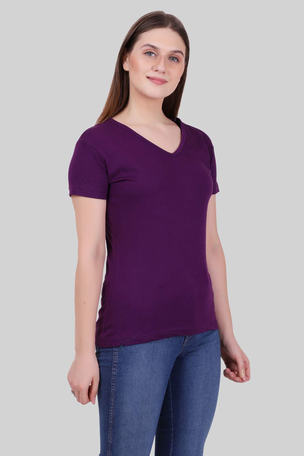 FLEXIMAA Women's Cotton V Neck T-Shirt - Purple - Image 3