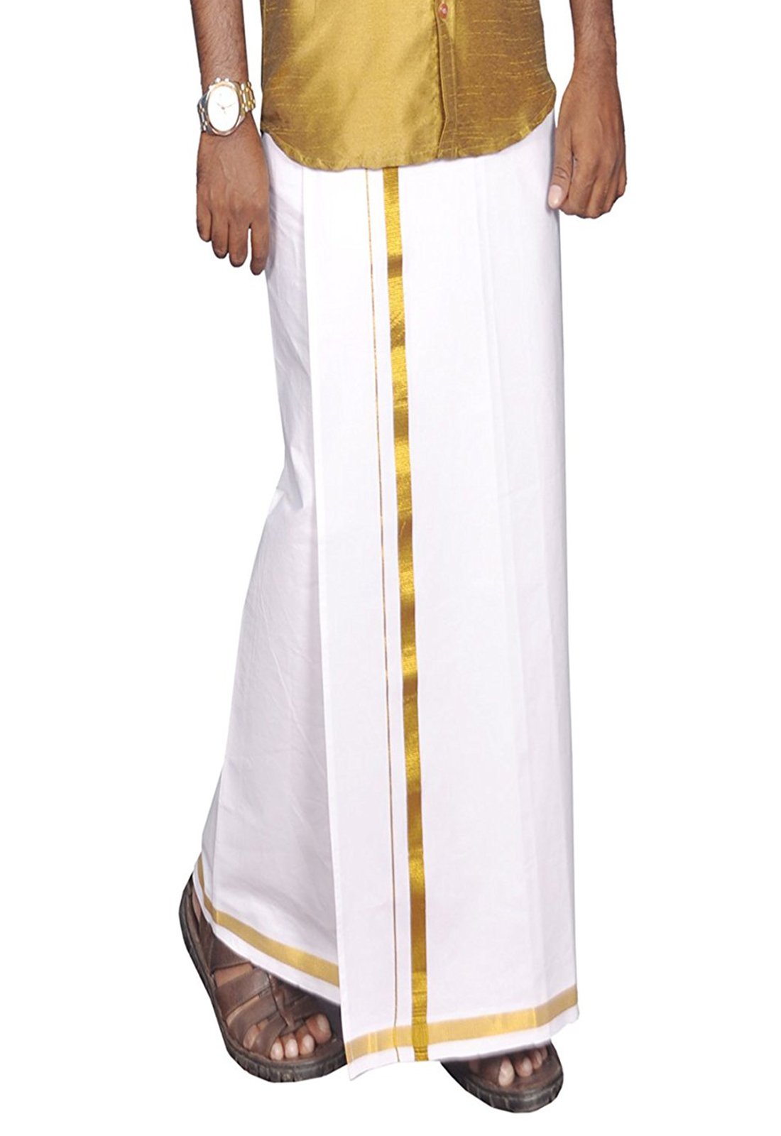 PRAKASAM Mens White Cotton Dhoti with Jari Border