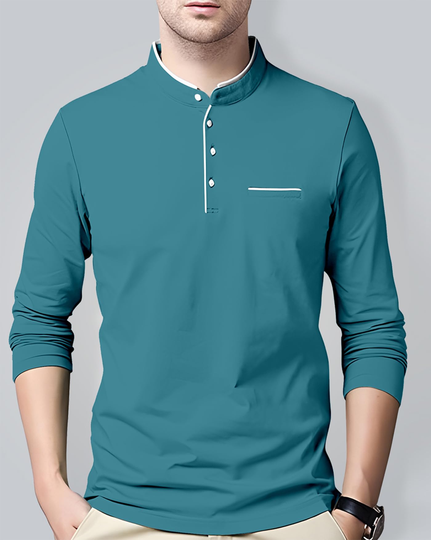 AUSK Men's Cotton Henley Neck T-Shirt - Lightblue - Image 4