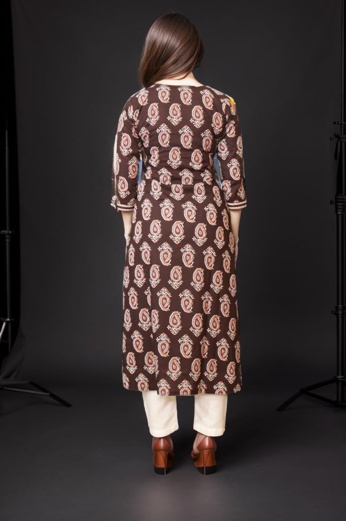 विधा Women Cotton Printed Kurti - Brown - Image 3