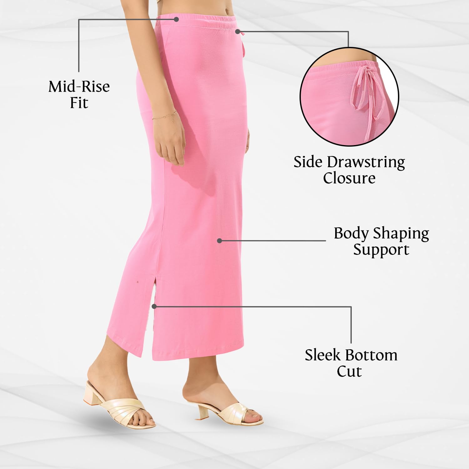 TRASA Saree Shapewear Petticoat for Women - Baby Pink - Image 3