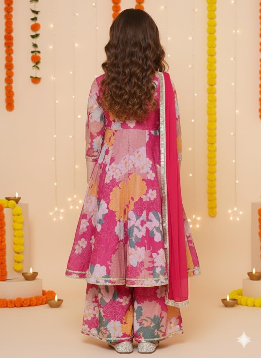 Naixa Girls Floral Printed Sharara Dress Set - Pink - Image 5