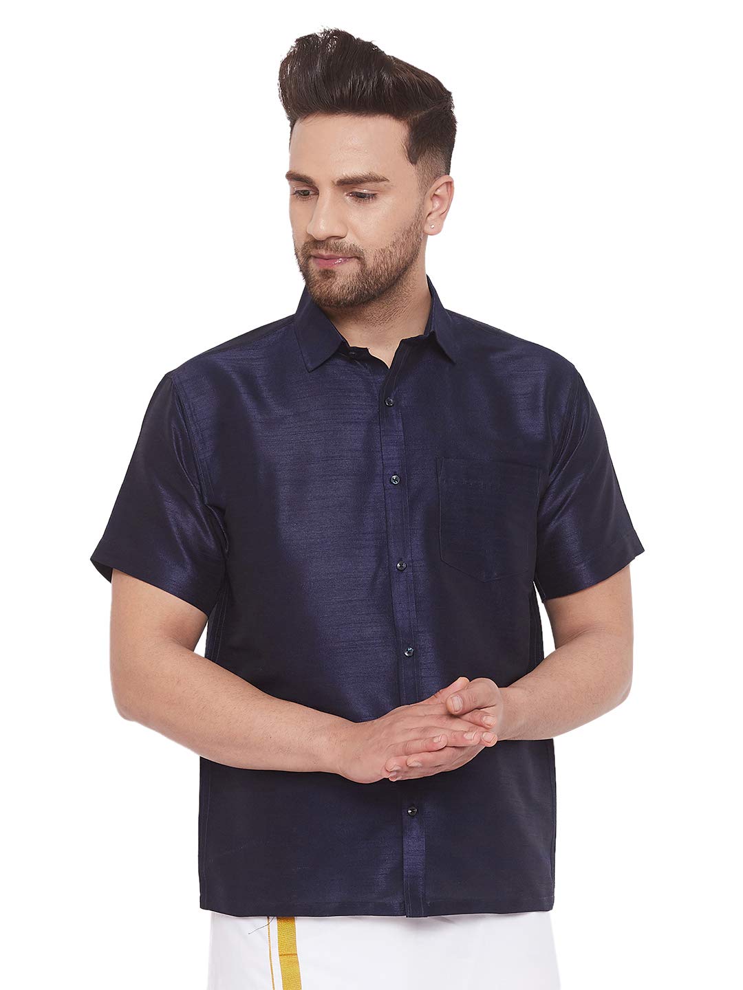 VASTRAMAY Navy Blue Ethnic Shirt for Men