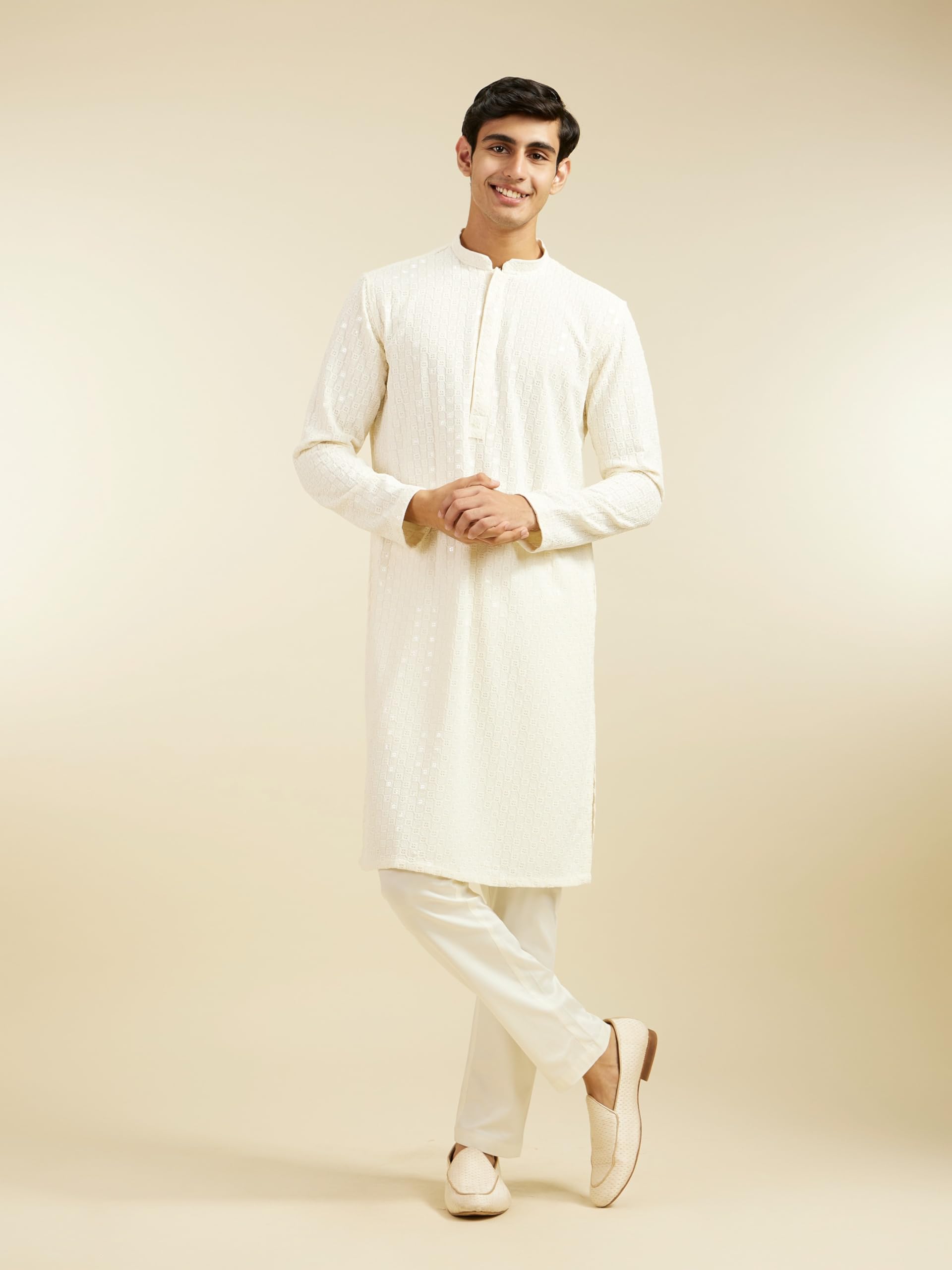 DIWAS Men's Cream Kurta with Chikankari & Sequin - Image 2
