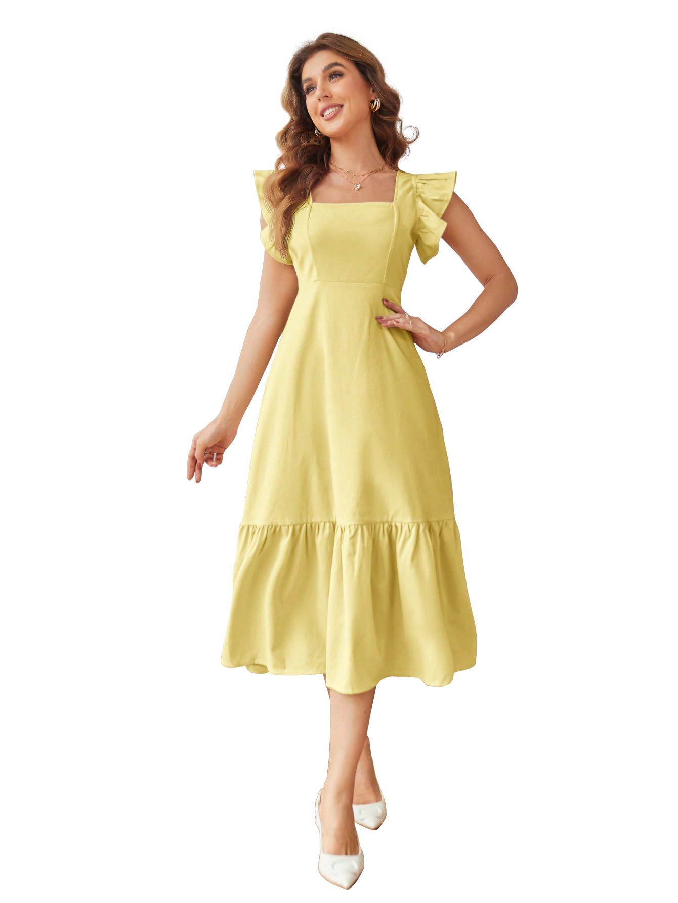 Shasmi Yellow Square Neck Ruffle Dress for Women
