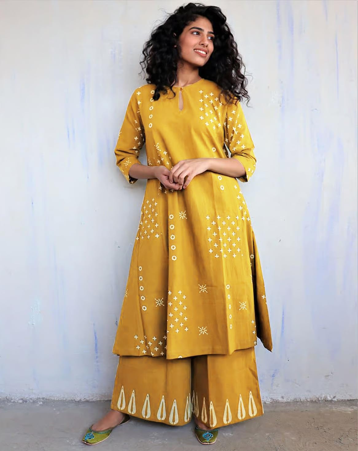 GoSriKi Women's Yellow A-Line Kurta with Palazzo - Image 3