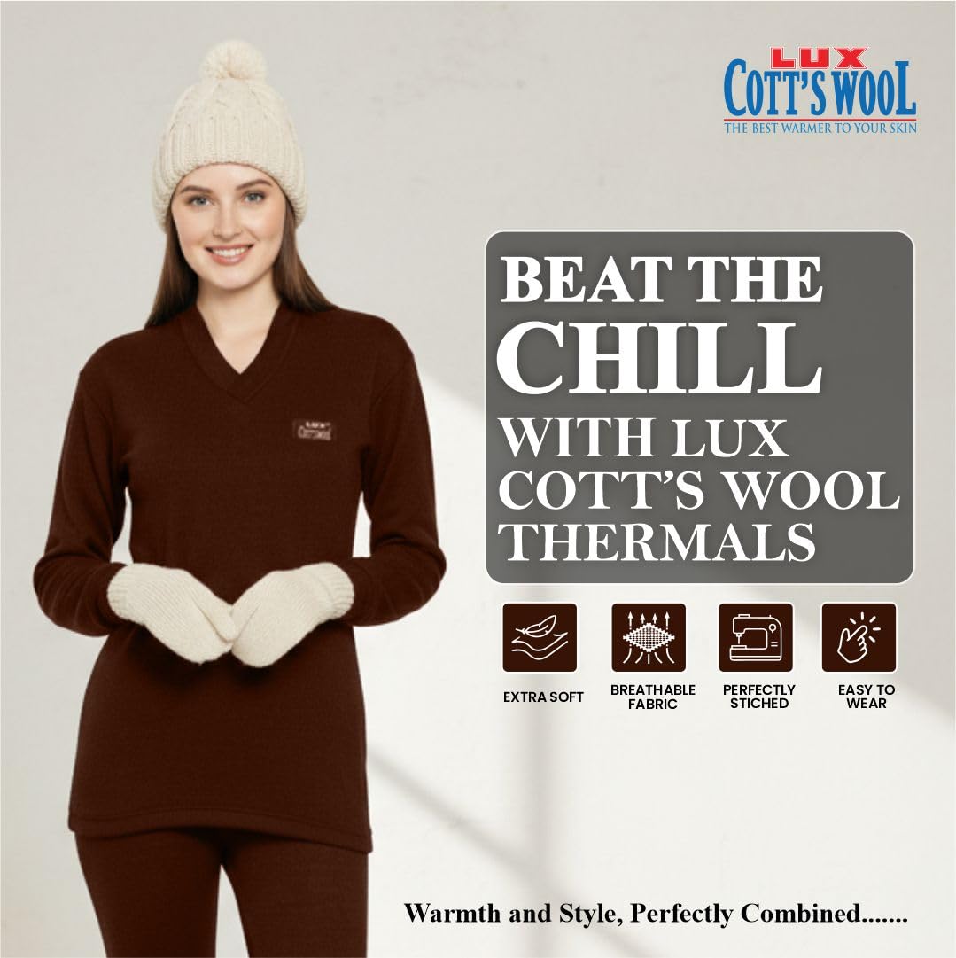 Lux Cottswool Thermal Top & Bottom Set for Women - Brown - Image 2