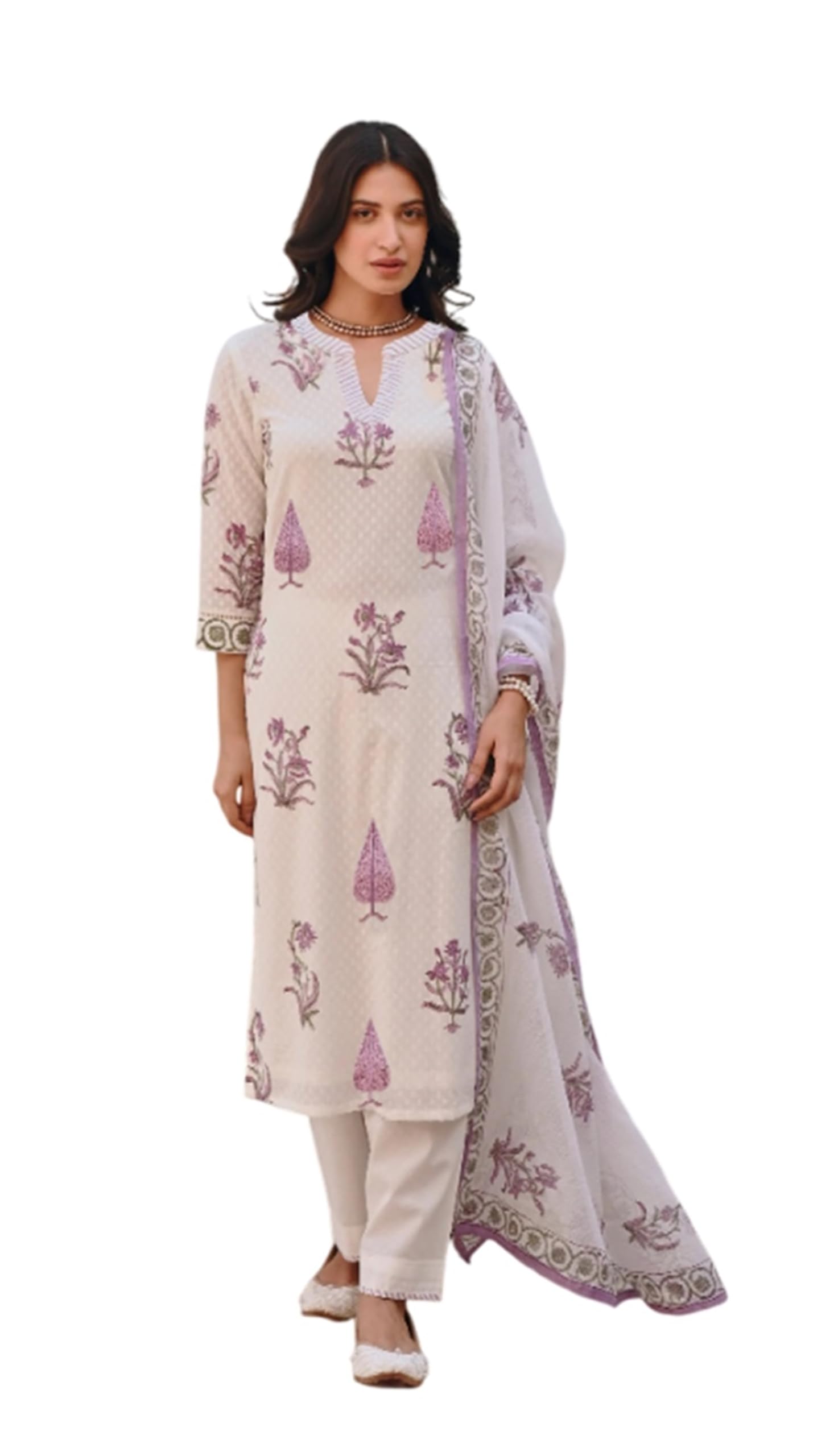 FABNEX Women's Cotton Blend Kurta Set - White