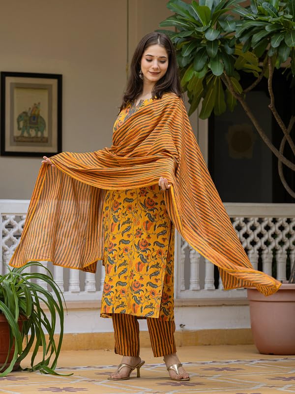 Kurta Pant Dupatta Set for Women - Yellow Floral - Image 5