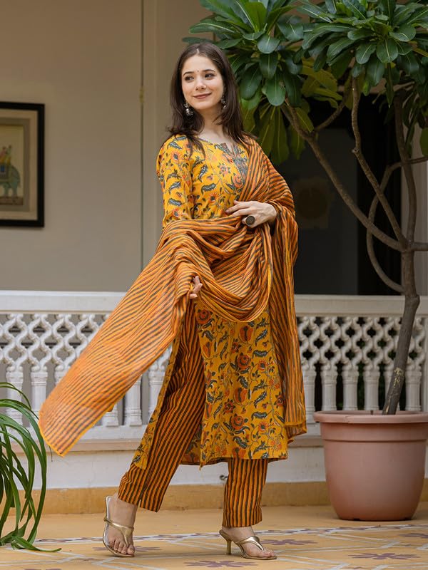 Kurta Pant Dupatta Set for Women - Yellow Floral - Image 3