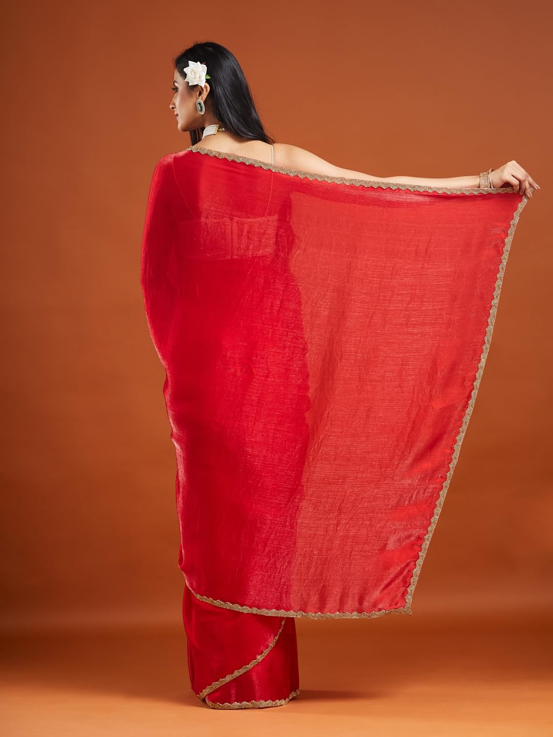 LOROFY Women's Two Tone Chiffon Saree - Red - Image 2