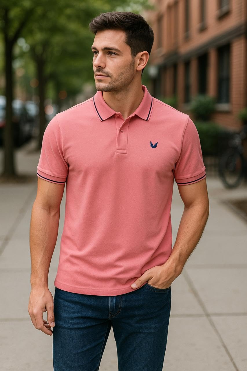 RF RAVES Salmon Pink Pique Polo Shirt for Men - Image 3