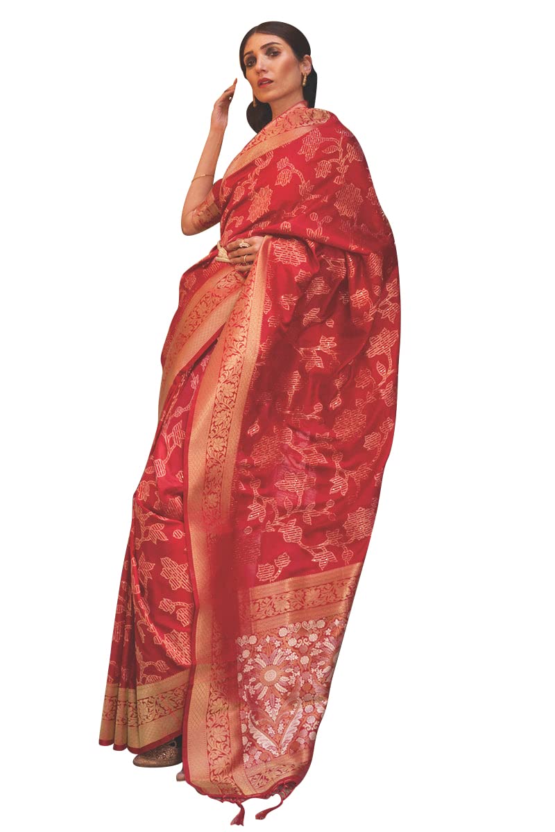 SWORNOF Kanjivaram Silk Saree for Women - Red