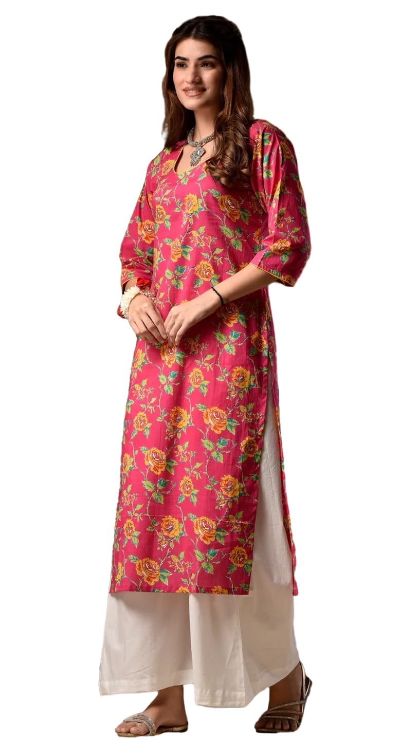 VRVastra Women's Printed Straight Rayon Kurta - Pink