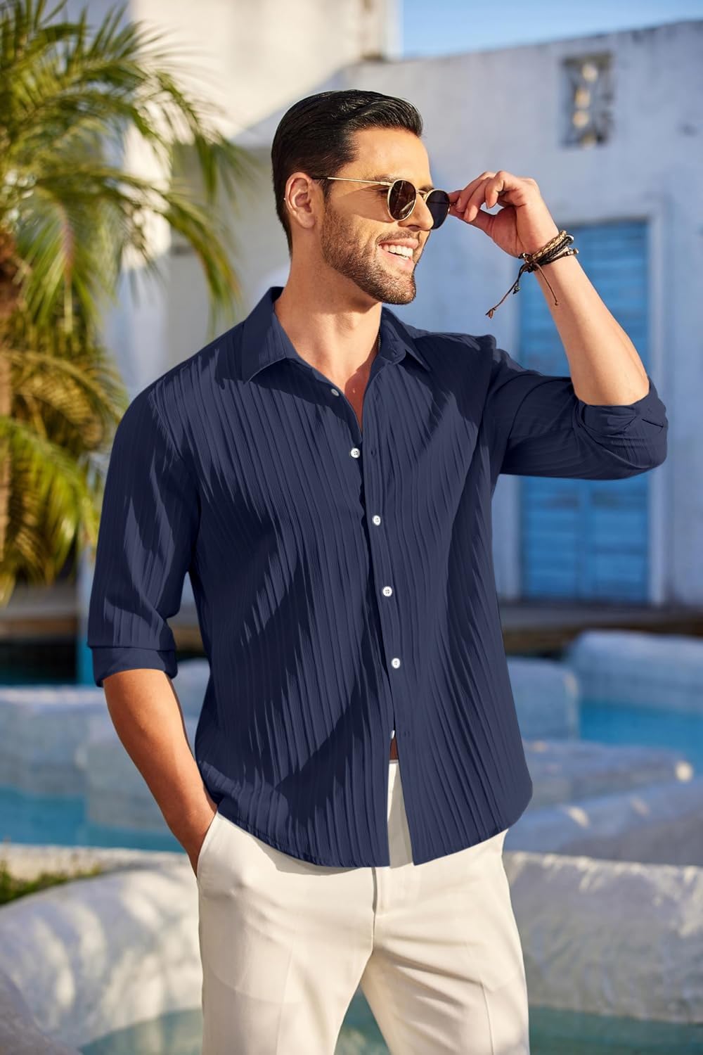 FINIVO Men's Navy Cotton Casual Shirt - Image 3