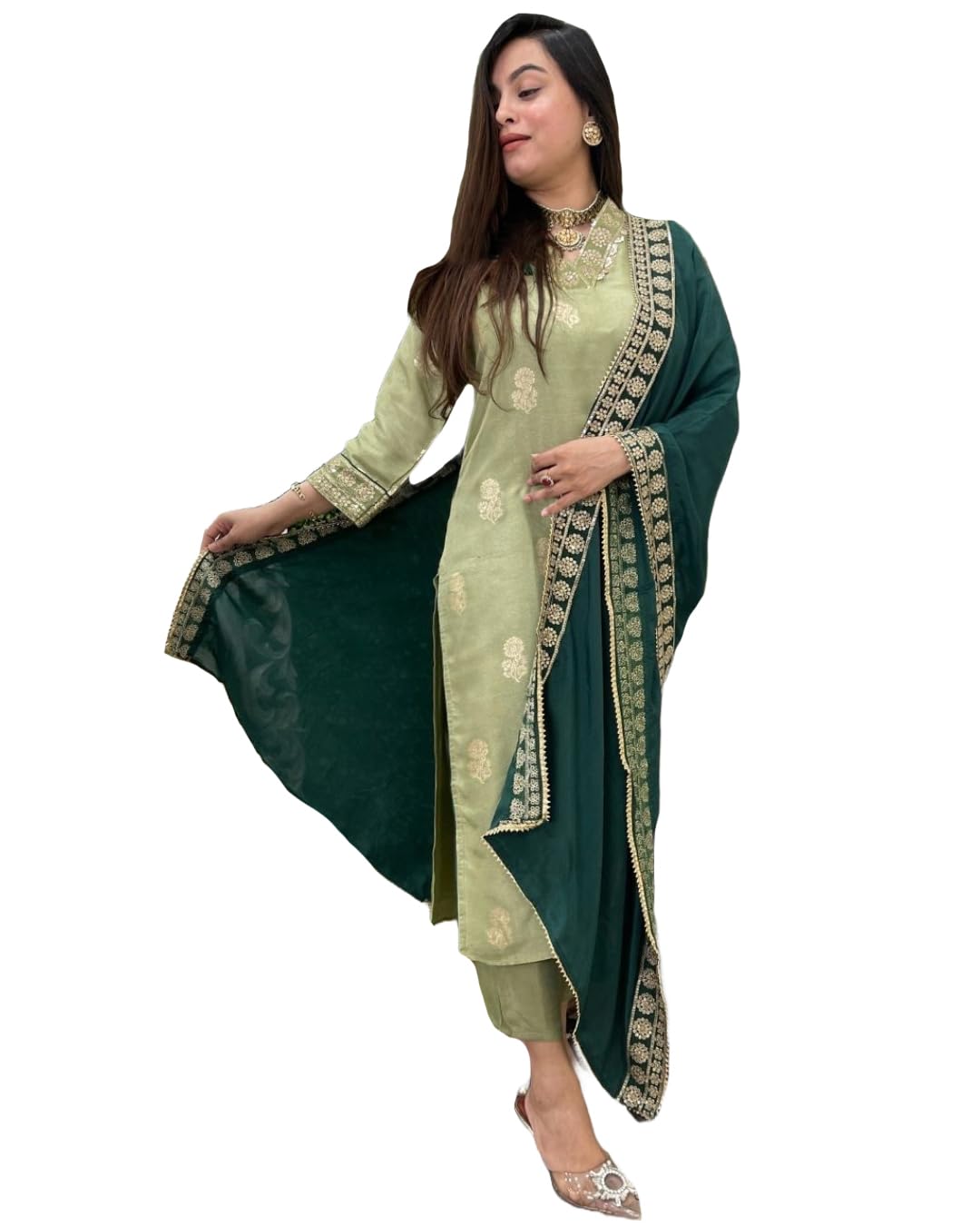 GoSriKi Women's Printed Kurta Set - Pista Green