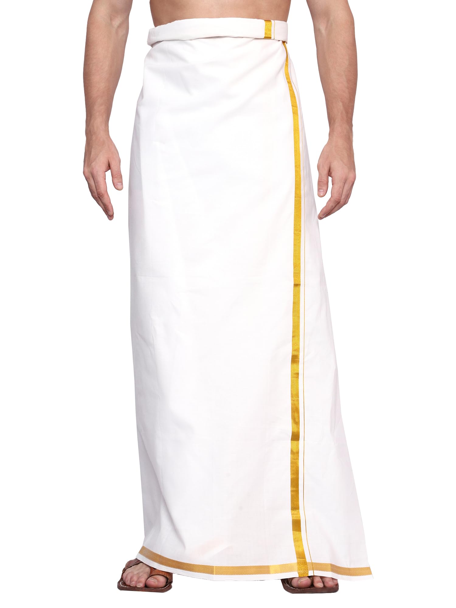 Gowri Tex Men's White Cotton Lungi with Gold Zari