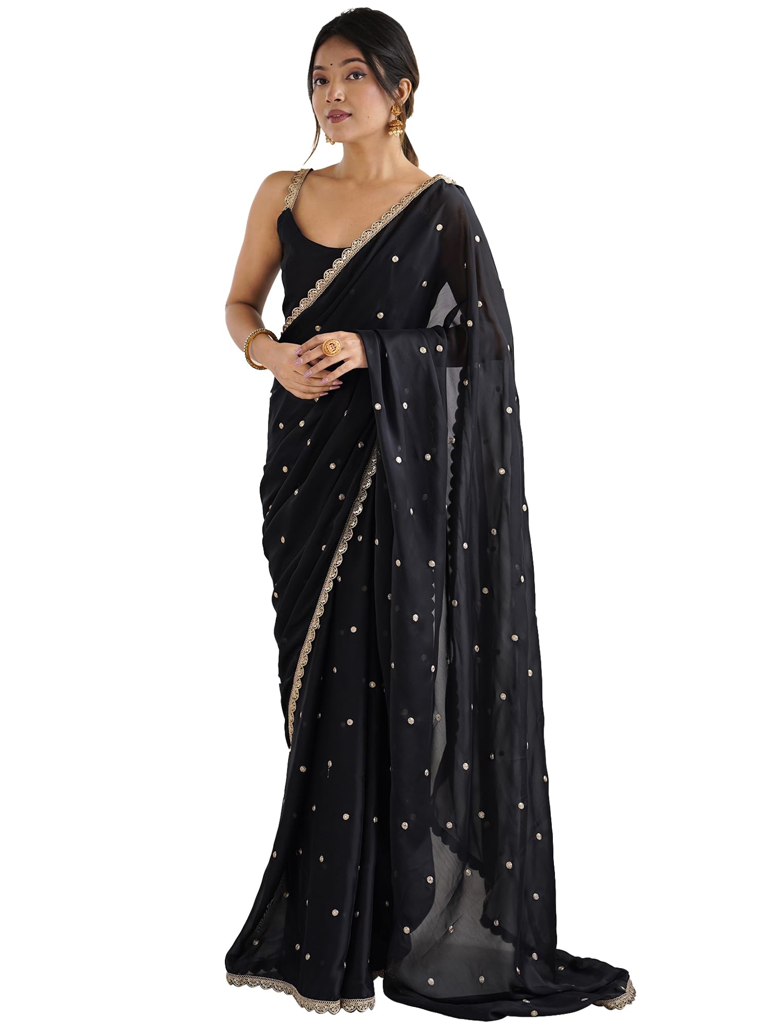 AKHILAM Women's Black Georgette Embroidered Saree