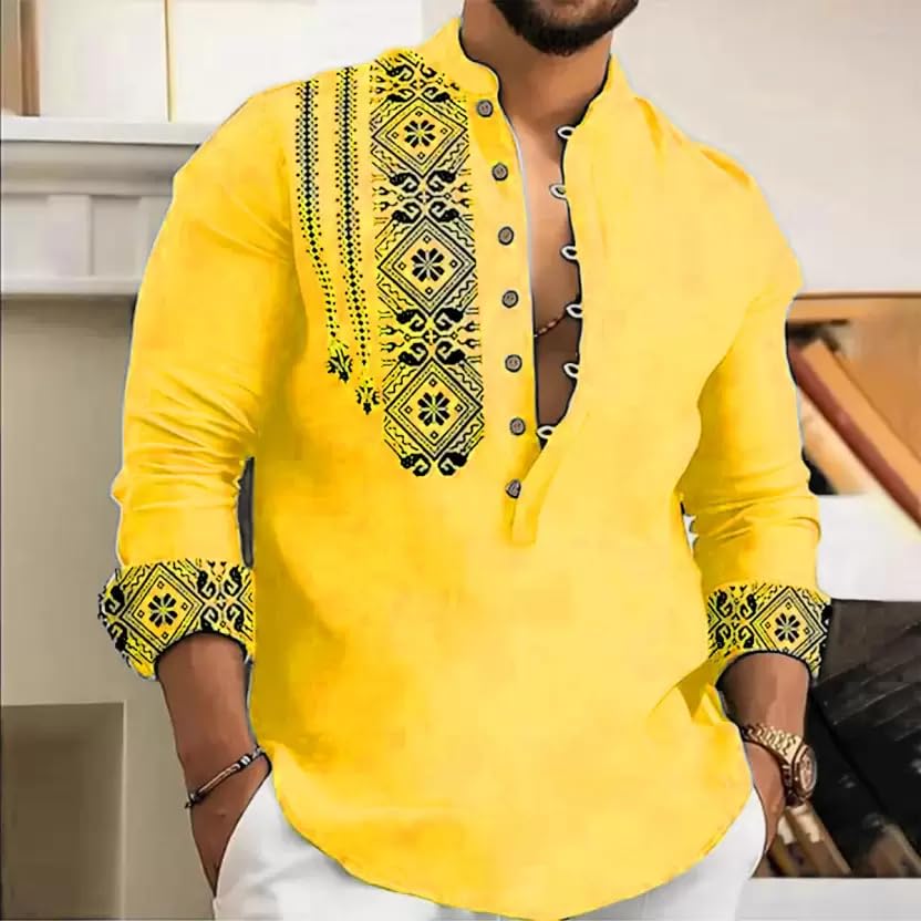 DEELMO Men's Yellow Mandarin Collar Kurta - Image 4