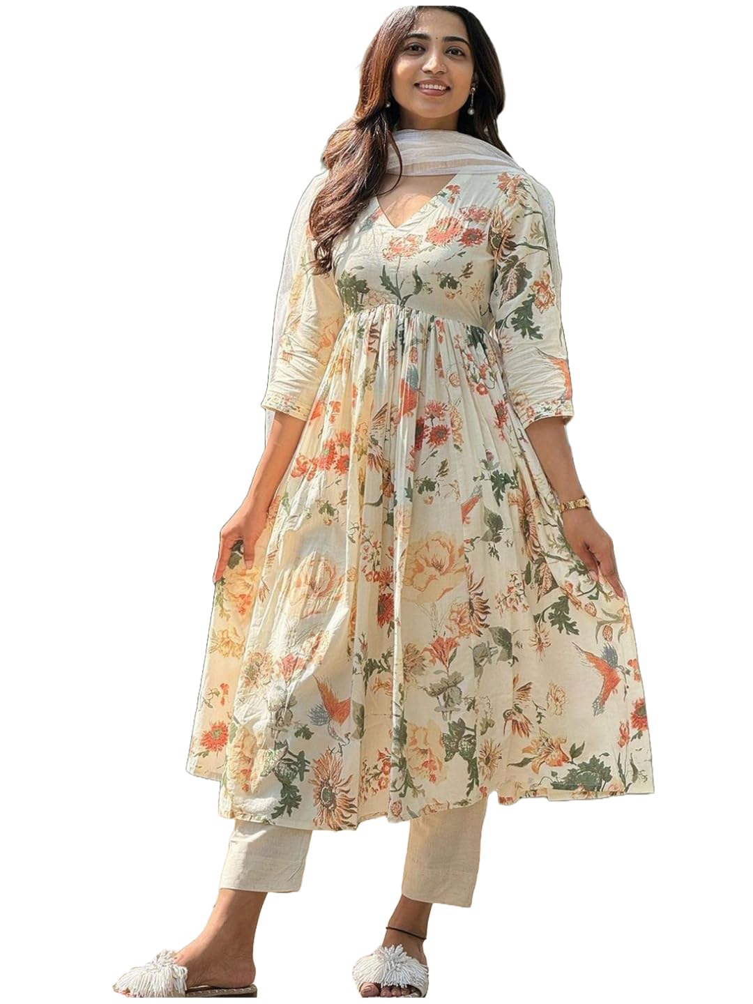 GoSriKi Women's Rayon Blend Anarkali Kurta - Cream