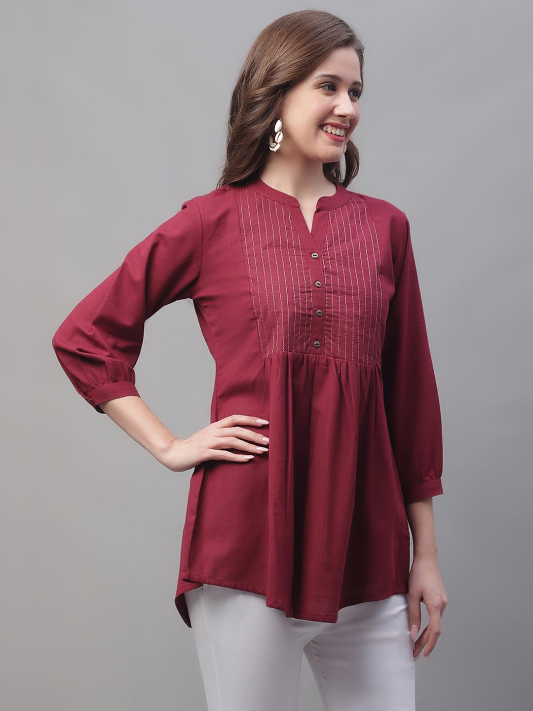 Pistaa Women's Cotton Embroidered Kurti - Wine - Image 3