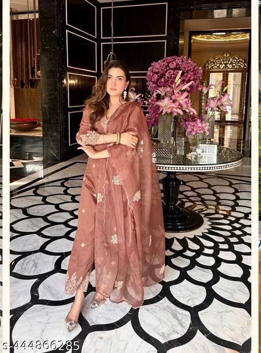 GarbGlide Women's Kurta Set with Dupatta & Bottomwear - Brown - Image 4