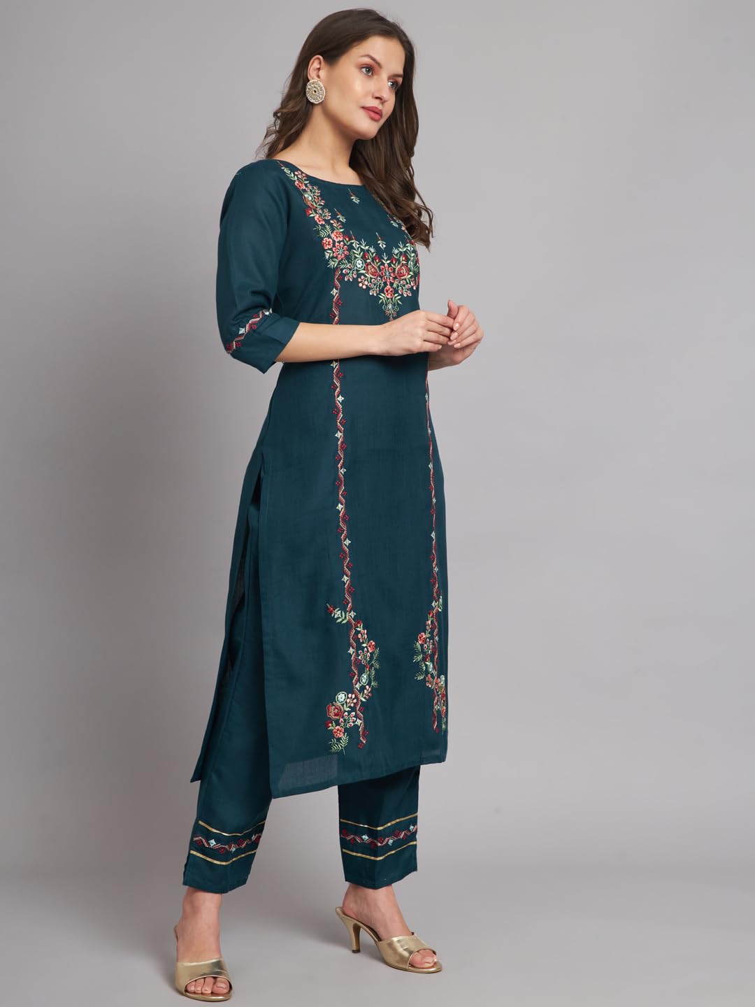 VredeVogel Women's Embroidered Kurta Pant Set - Teal - Image 4