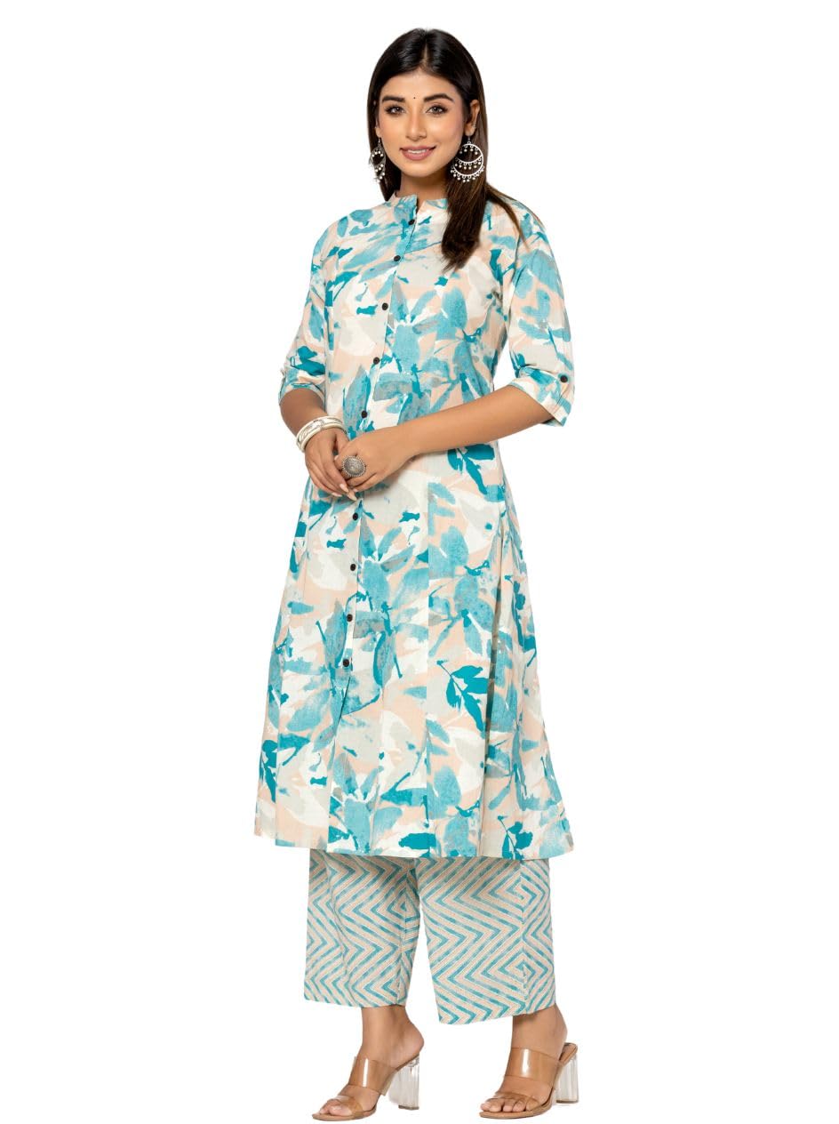 rytras Women's Cotton Printed A-Line Kurta Set - Blue - Image 3