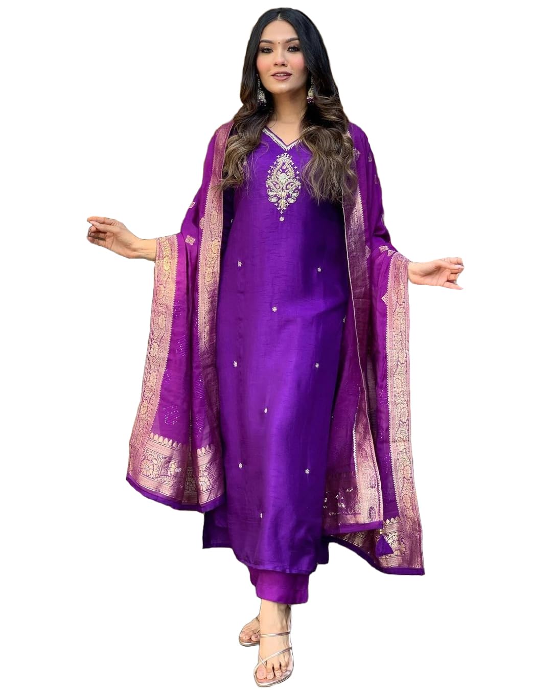 GoSriKi Women's Silk Blend Kurta with Pant & Dupatta