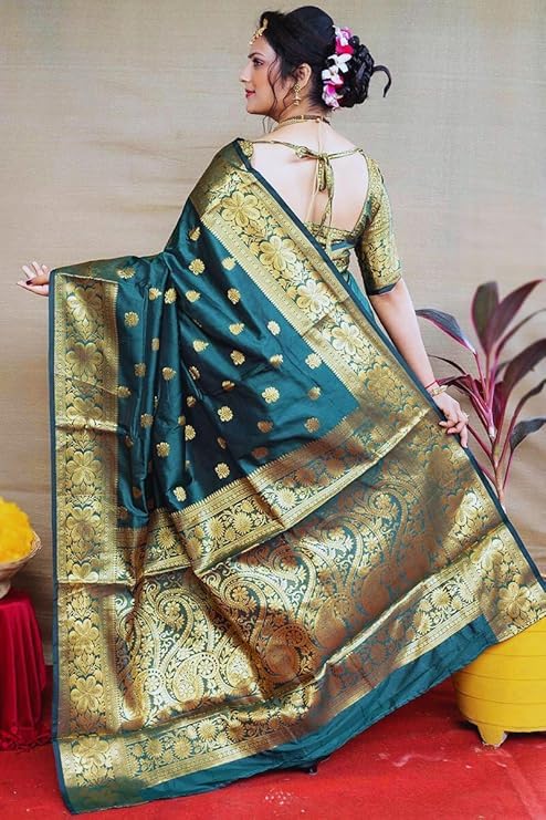C J Enterprise Women's Banarasi Kanjivaram Silk Saree - Peacock Blue - Image 4