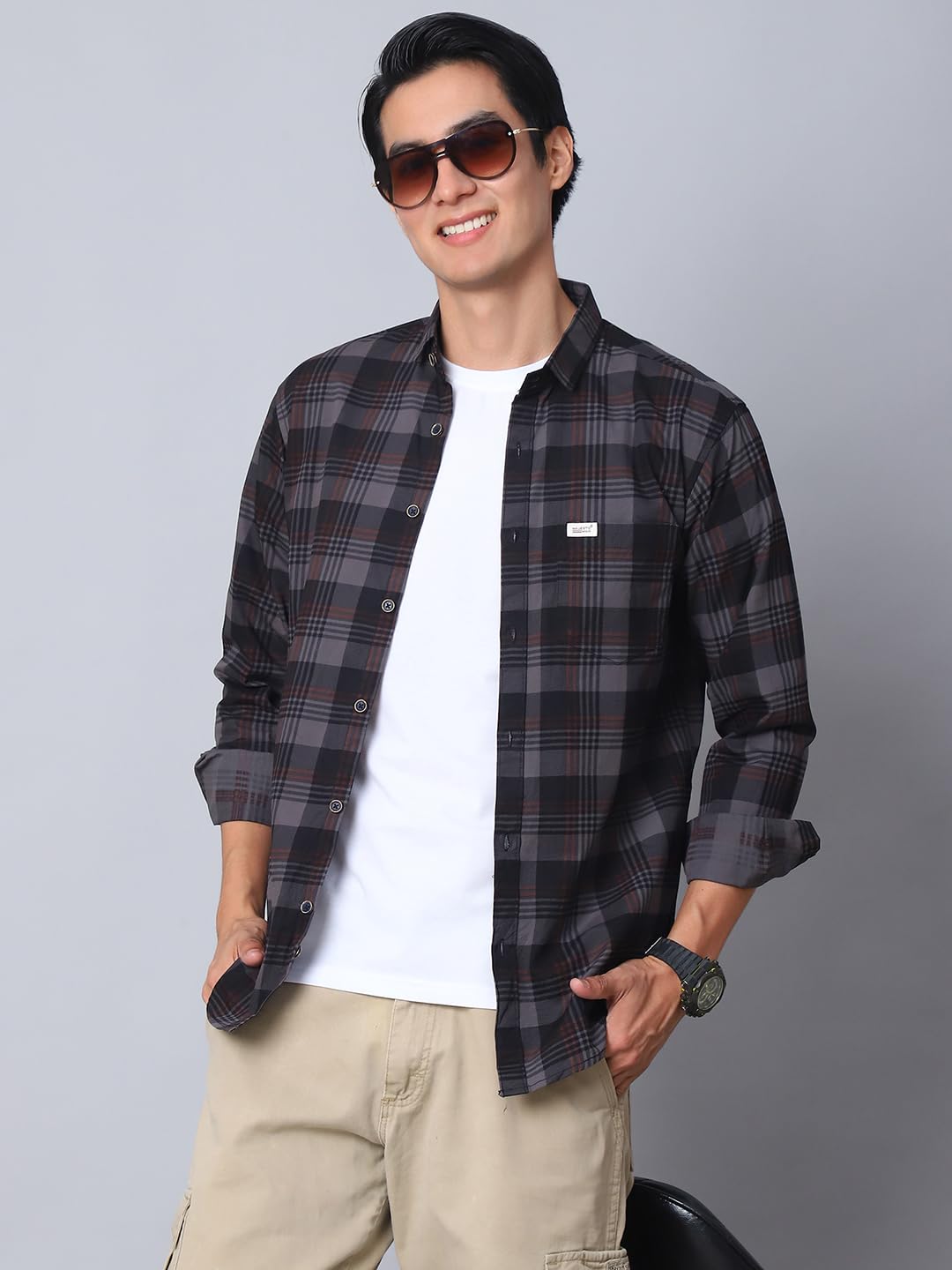 Majestic Men's Checked Casual Shirt - Dark Grey - Image 2