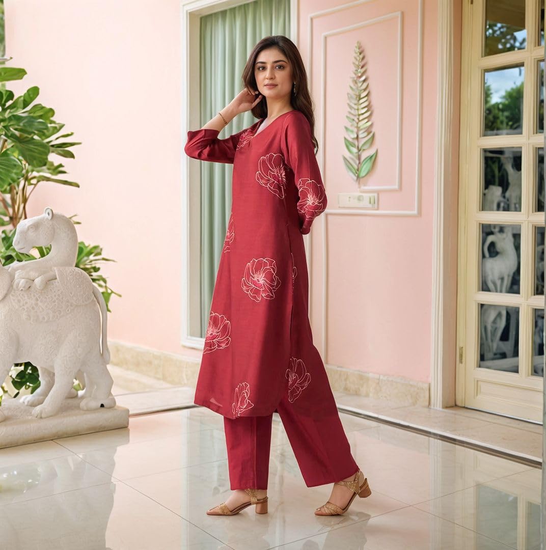ANNI Women Rayon Viscose Printed Kurta with Pant - Red - Image 3