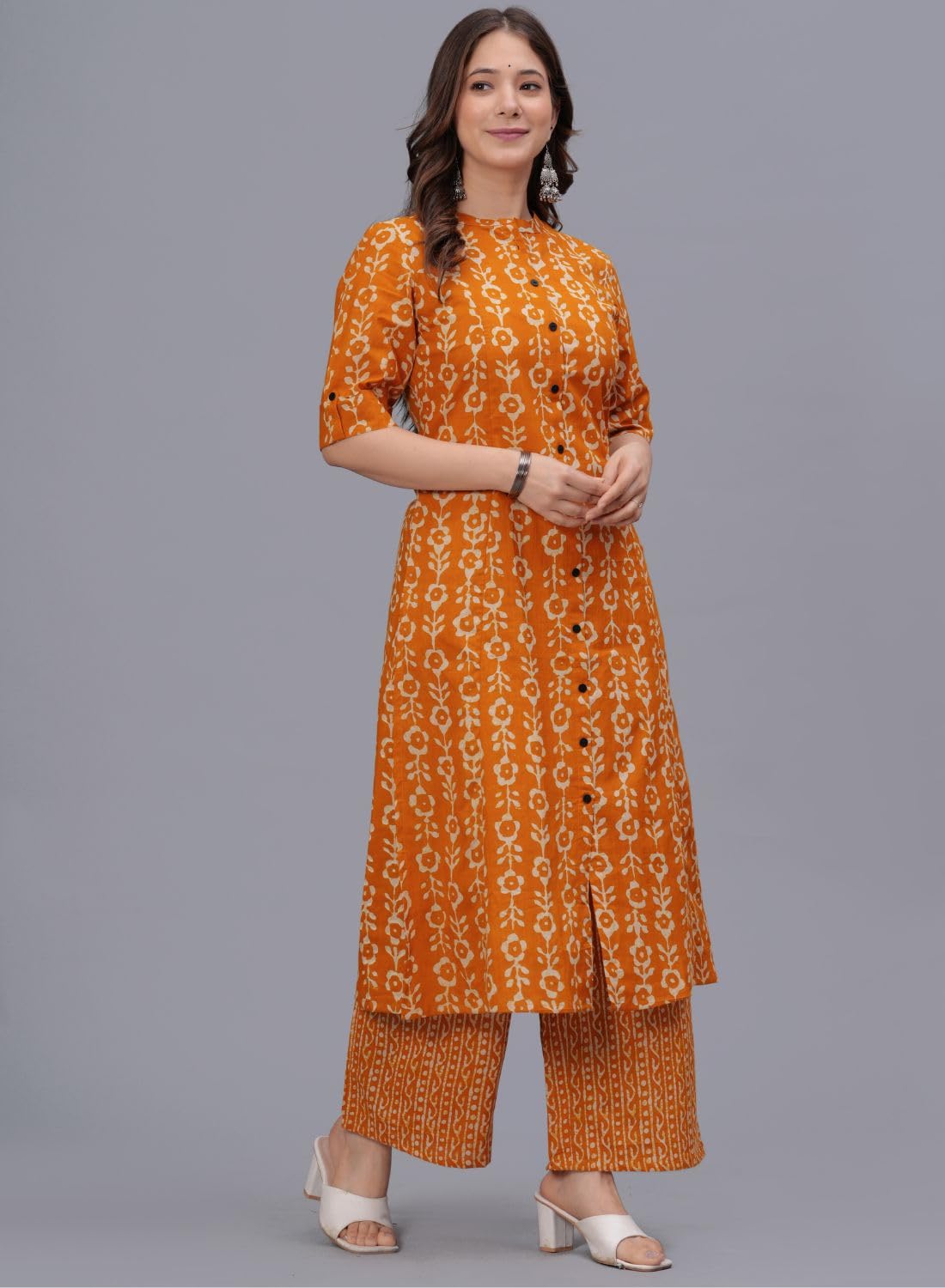 rytras Women's Pure Cotton Printed A-Line Kurta Set - Mustard - Image 4