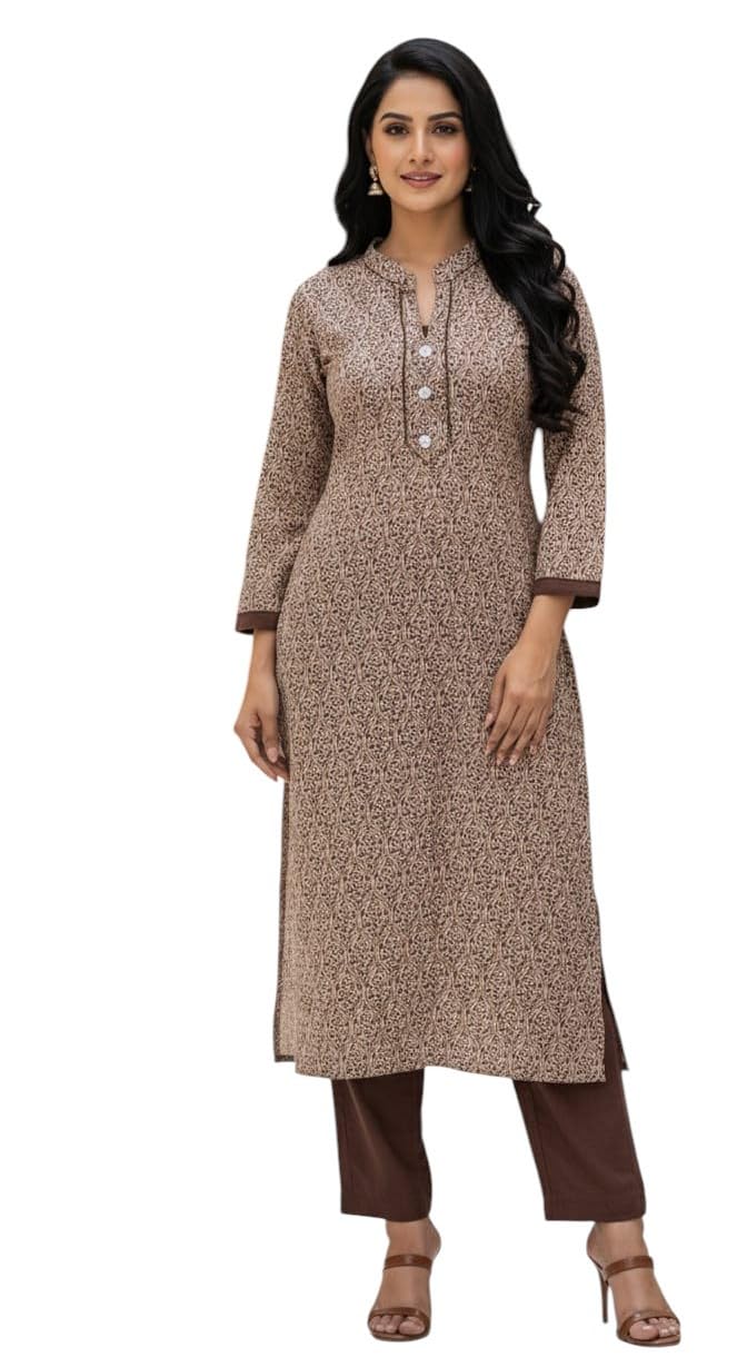 GarbGlide Women's Printed Woolen Kurta Set - Brown
