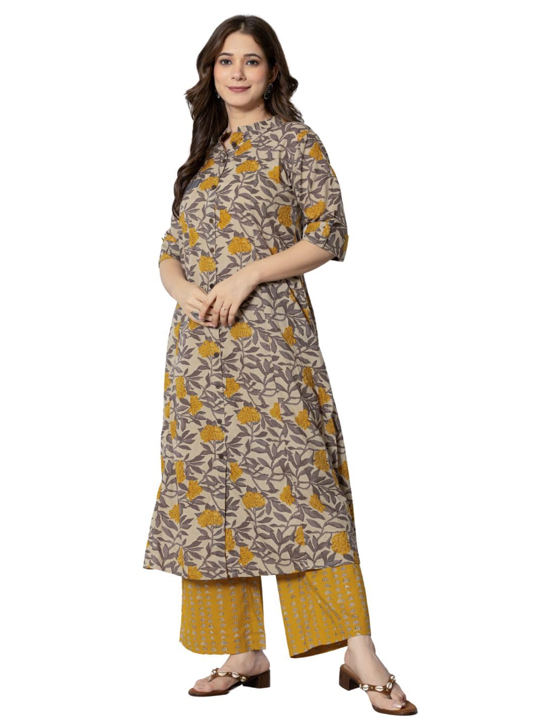 rytras Cotton Printed A-Line Kurta with Palazzo Pant for Women - Mustard - Image 3