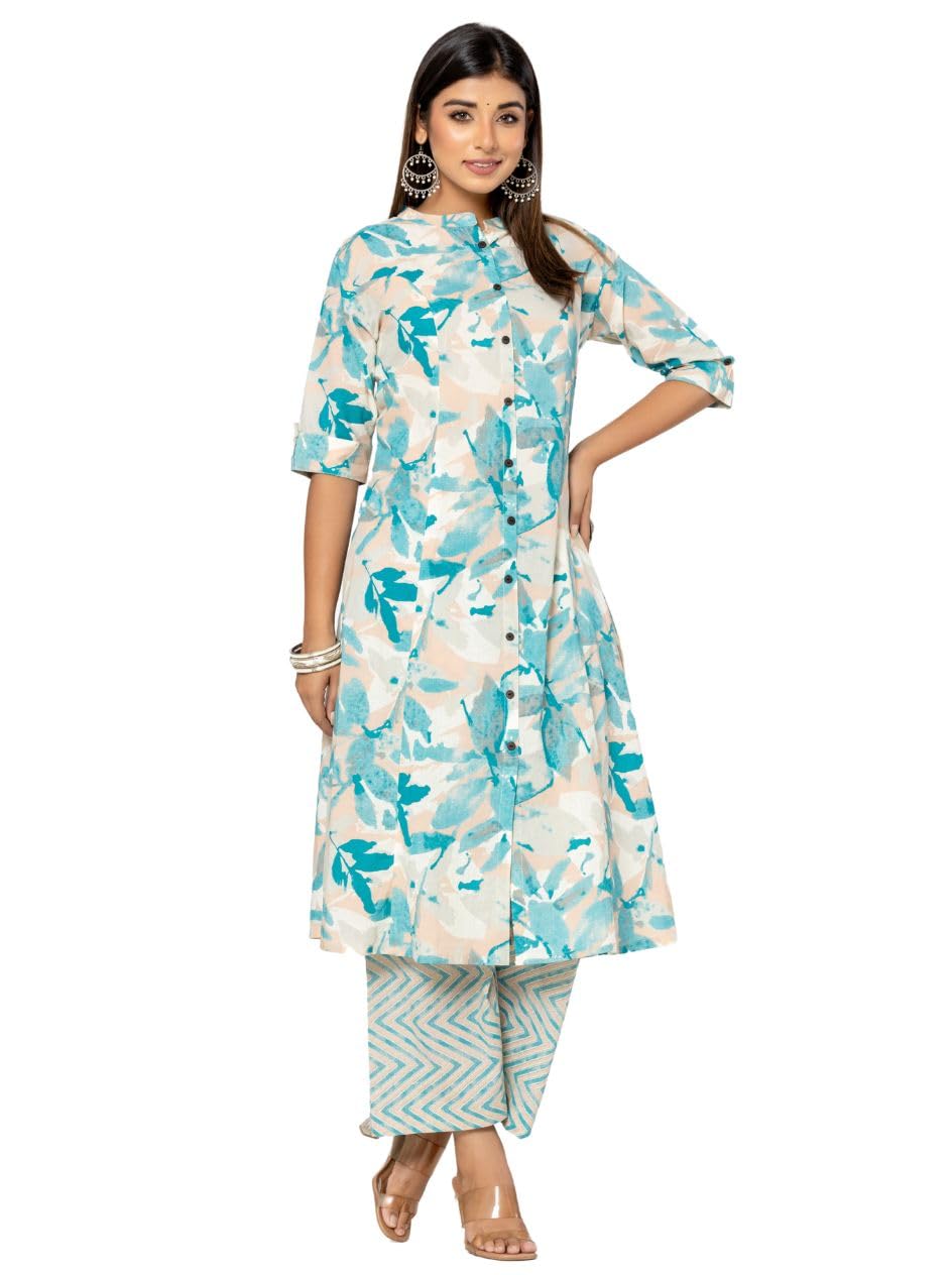 rytras Women's Cotton Printed A-Line Kurta Set - Blue - Image 4