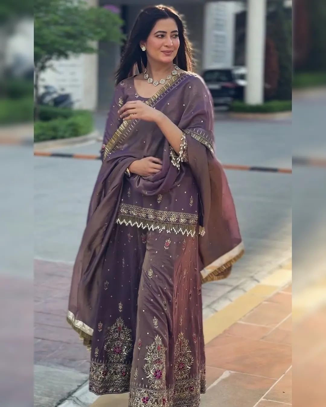 Purple Embroidered Sharara Suit with Dupatta - Image 3