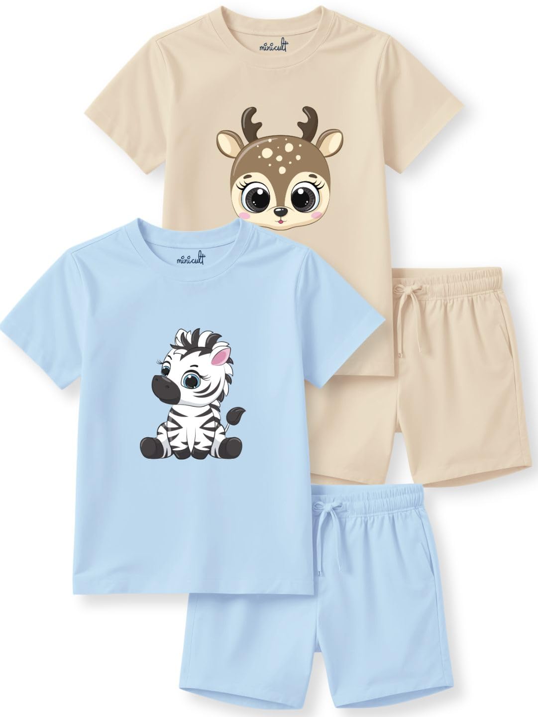 minicult Kids Cotton Shorts with Tshirt - Beige Blue
