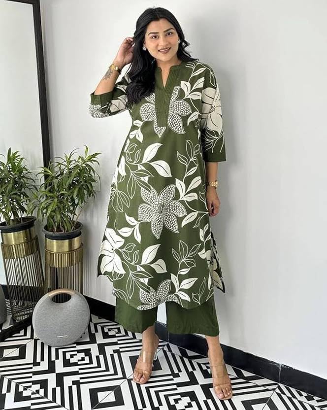 MEERA FAB Green Cotton Kurta Set for Women - Image 4