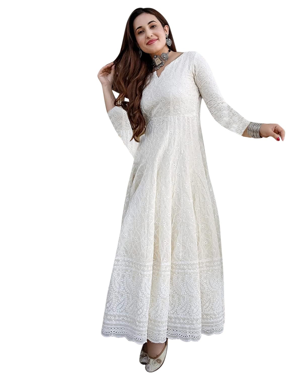 Chikankari Anarkali Dress for Women - White - Image 2