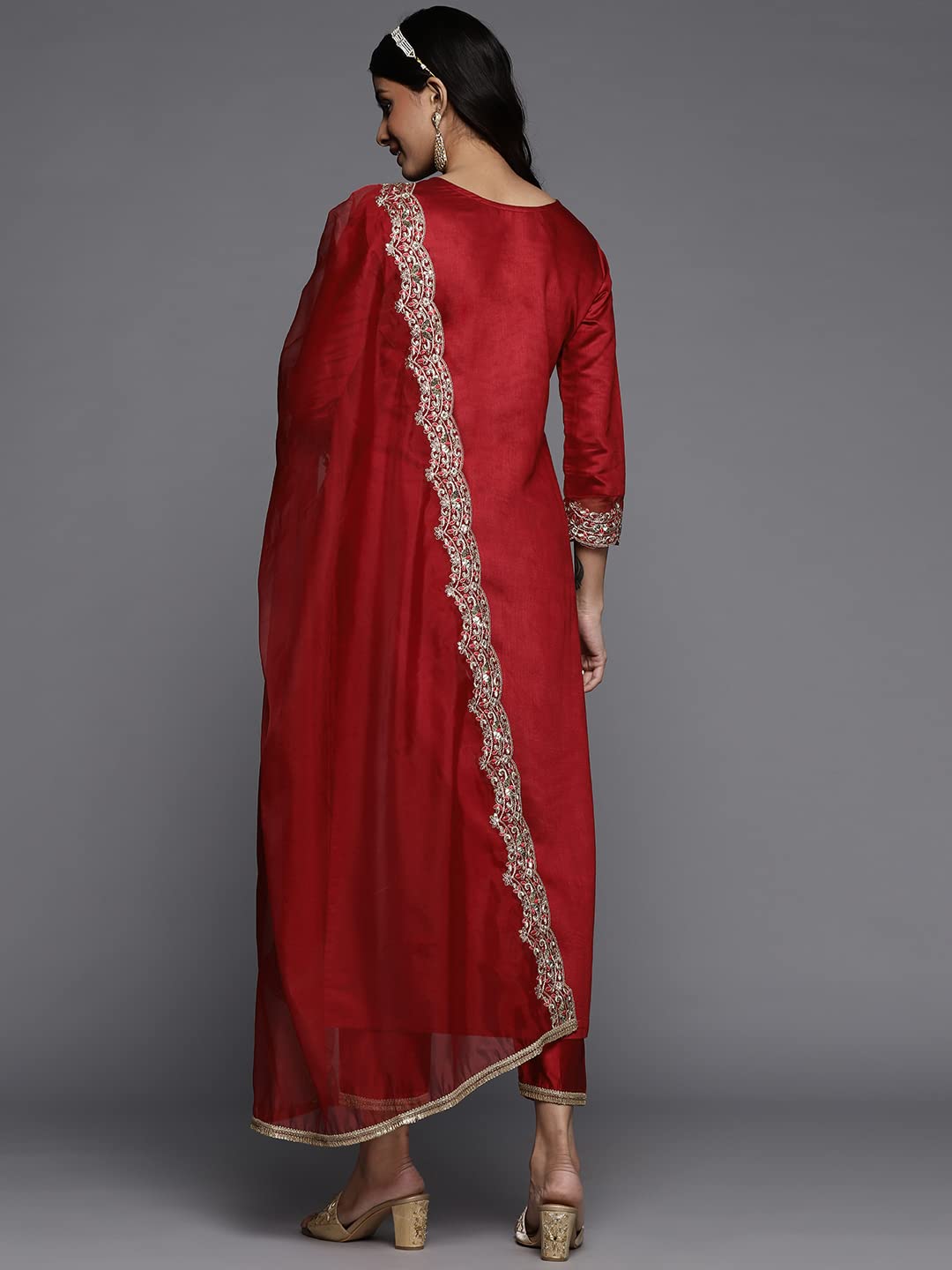 INDO ERA Red Rayon Viscose Embroidered Kurta Set for Women - Image 2