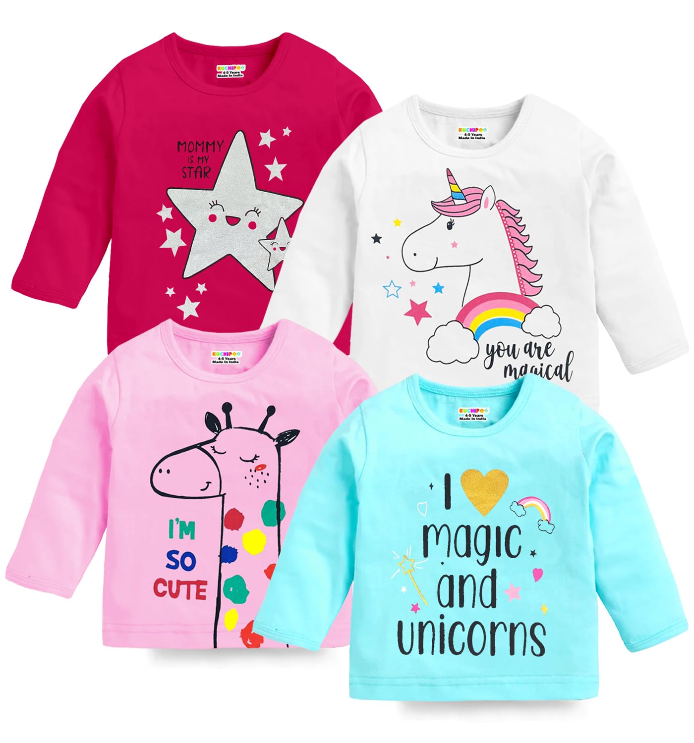 Kuchipoo Girls Cotton T-Shirts Multi-Colored
