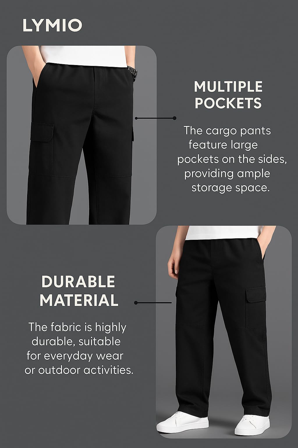 Lymio Men's Black Cargo Pants - Image 5
