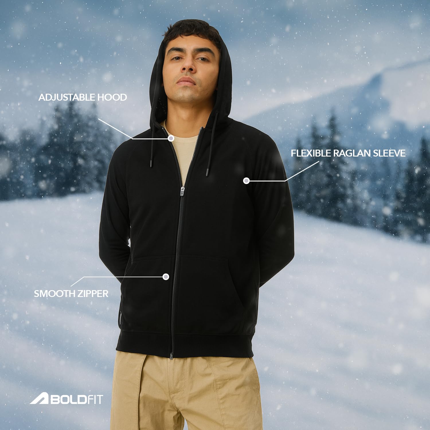 Boldfit Men's Raglan Sleeve Hoodie - Black - Image 2