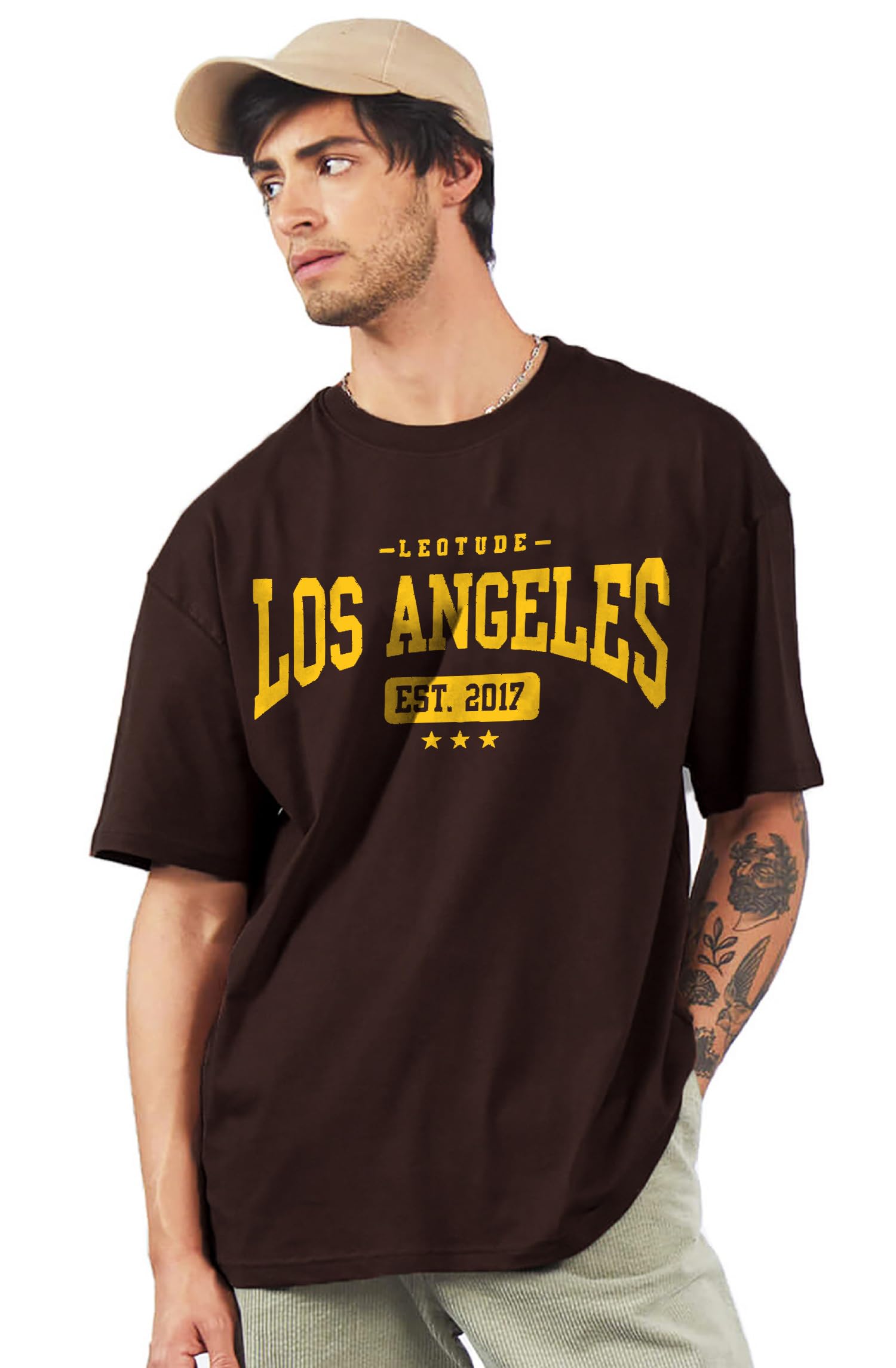LEOTUDE Men's Brown Printed T-Shirt