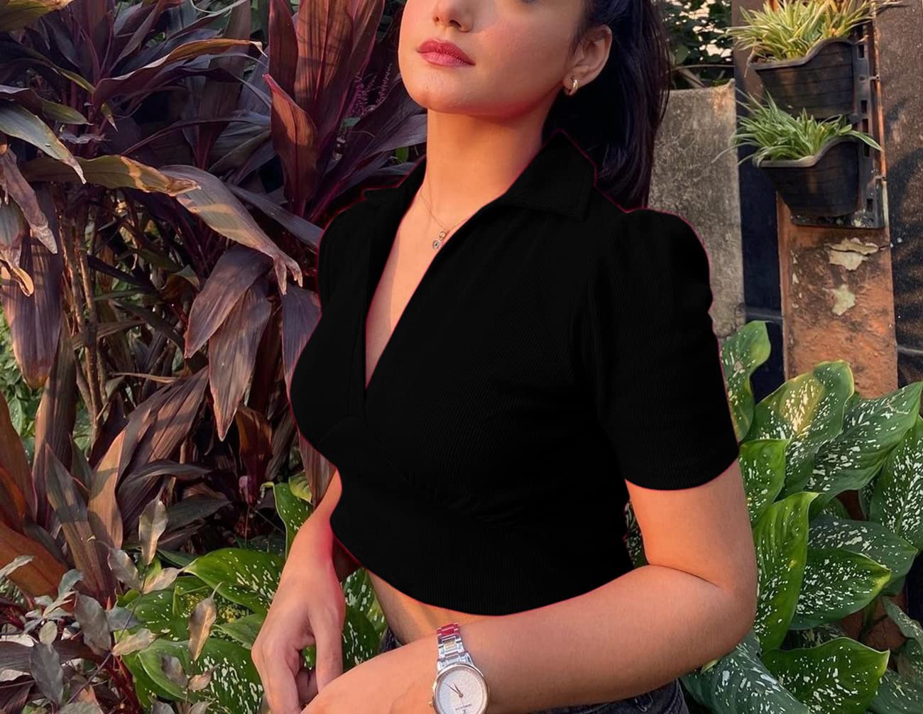 Aahwan Cotton V Neck Crop Top for Women - Black - Image 5