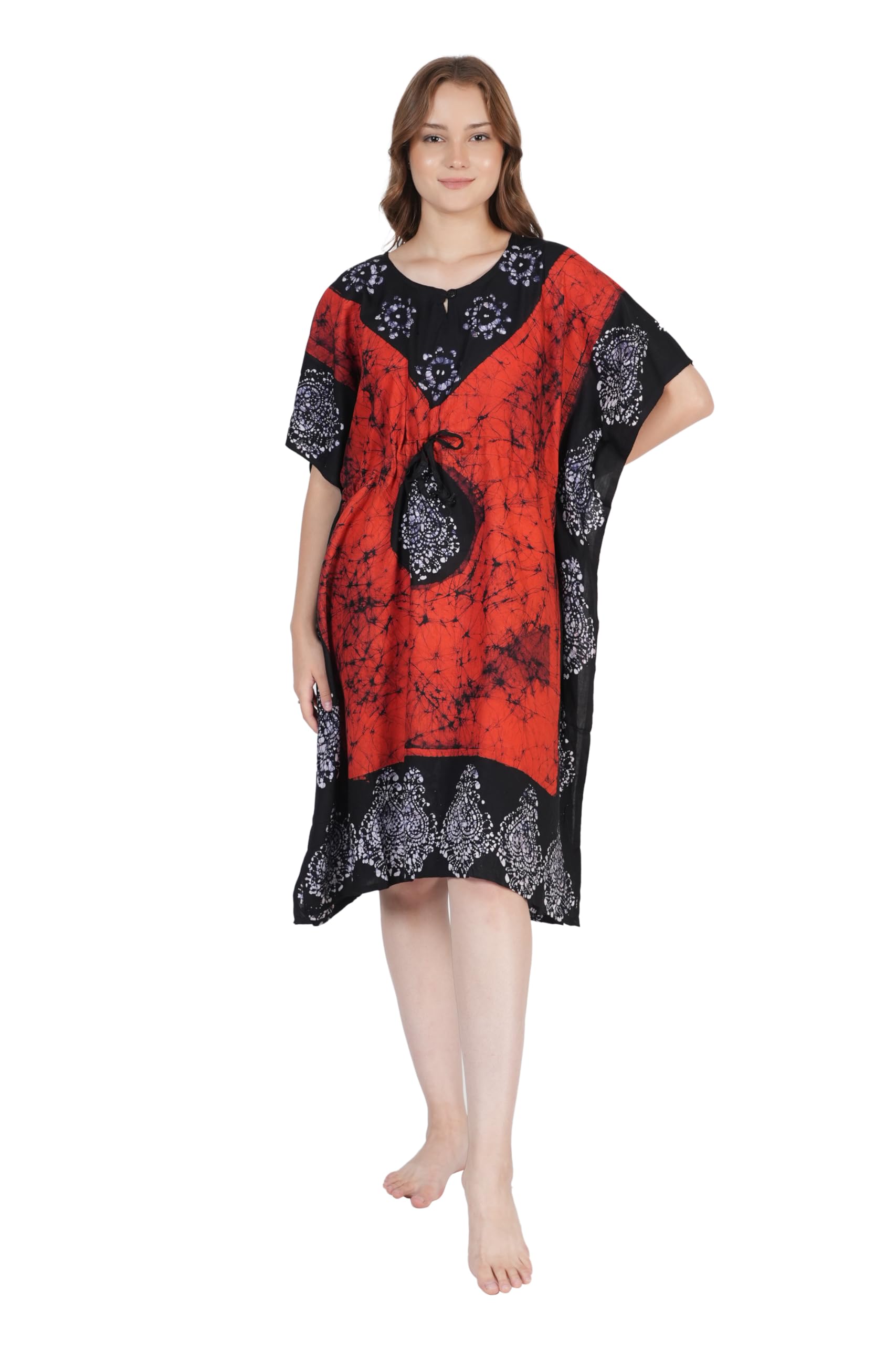 Onekbhalo Women's Cotton Batik Kaftan Nighty - Orange